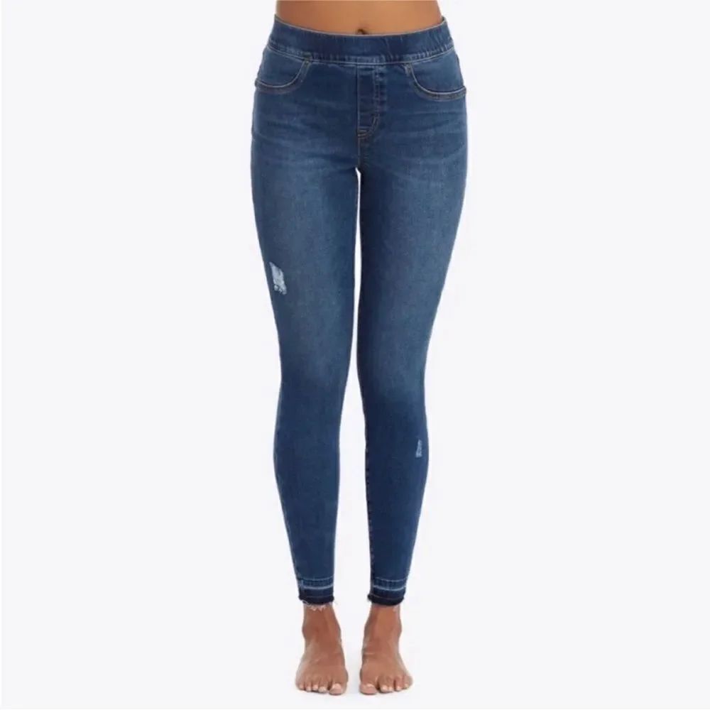 Spanx Blue Distressed Pull-On Ankle Skinny Jeans Raw Hem Size Medium Tall